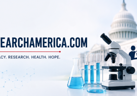 ResearchAmerica.com medical research advocacy with microscope and healthcare symbols