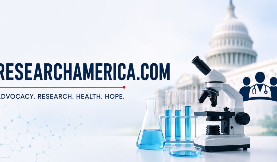 ResearchAmerica.com medical research advocacy with microscope and healthcare symbols