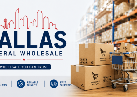 Dallas General Wholesale warehouse with boxes and shopping cart