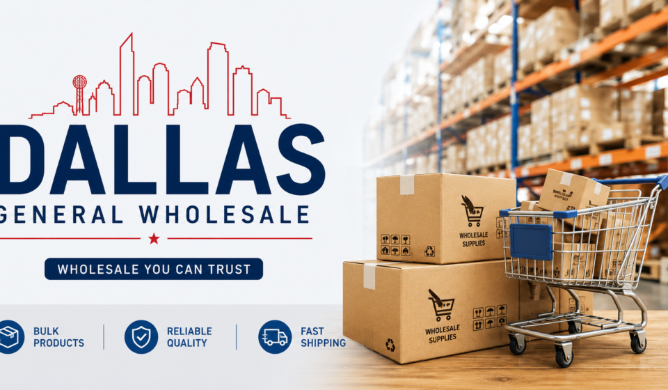 Dallas General Wholesale warehouse with boxes and shopping cart