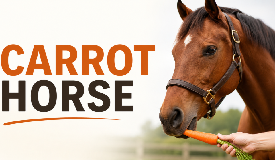A chestnut horse gently eating a fresh carrot from a person’s hand in a green pasture.