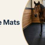 A horse standing on rubber mats inside a clean stable.