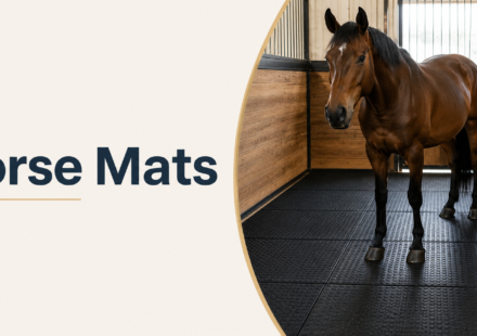 A horse standing on rubber mats inside a clean stable.