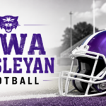 Purple football helmet representing Iowa Wesleyan football on a stadium field.