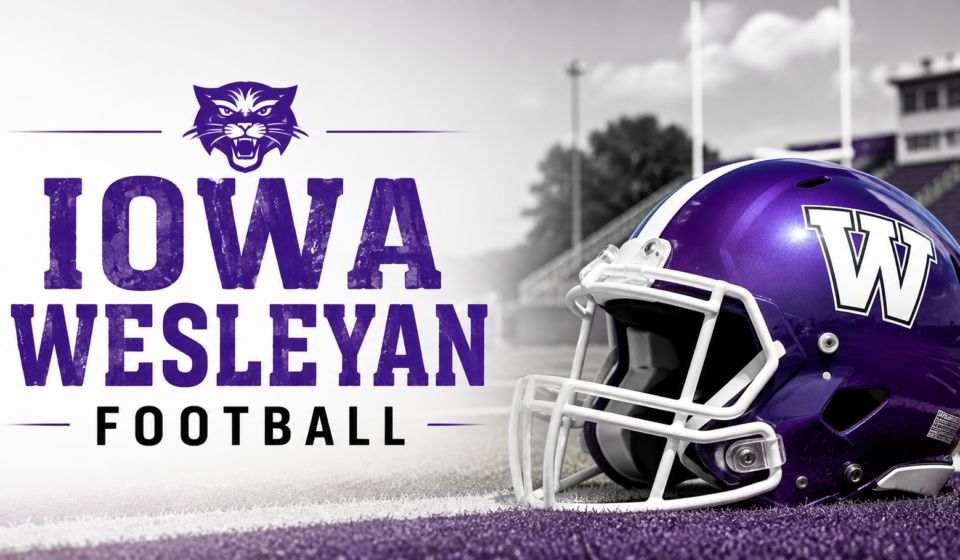 Purple football helmet representing Iowa Wesleyan football on a stadium field.