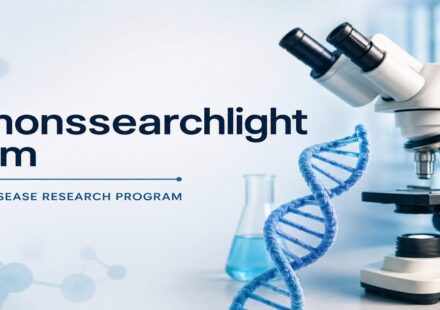 Simonssearchlight com rare disease research program with microscope and DNA model