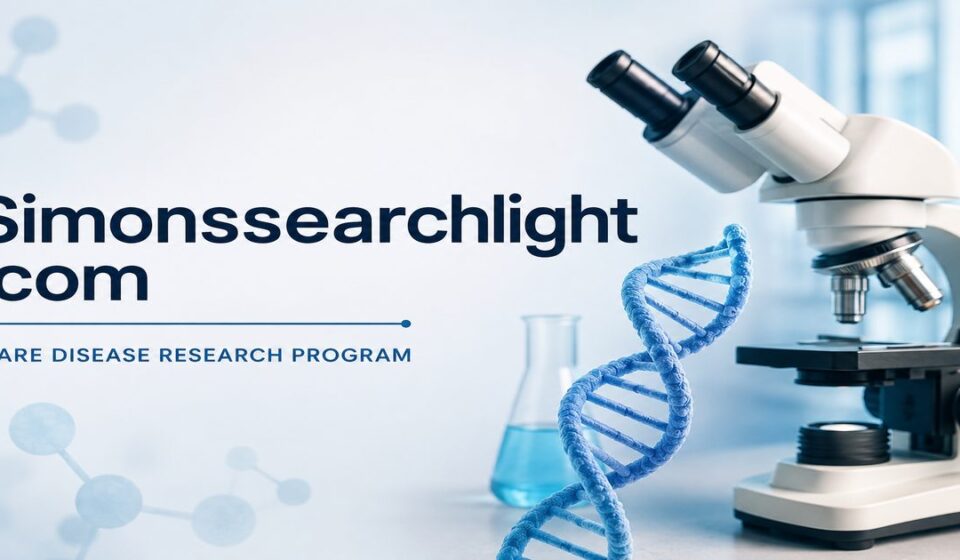 Simonssearchlight com rare disease research program with microscope and DNA model