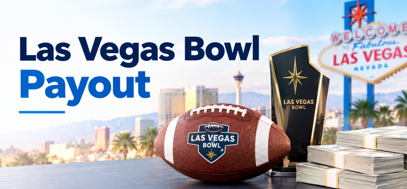 : Las Vegas Bowl football, trophy, and money representing the game payout