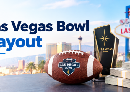 : Las Vegas Bowl football, trophy, and money representing the game payout
