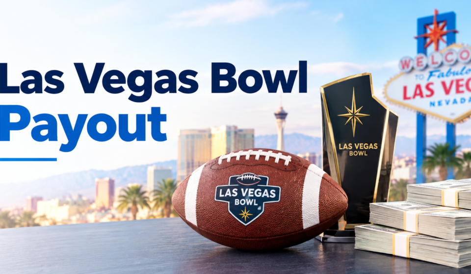 : Las Vegas Bowl football, trophy, and money representing the game payout