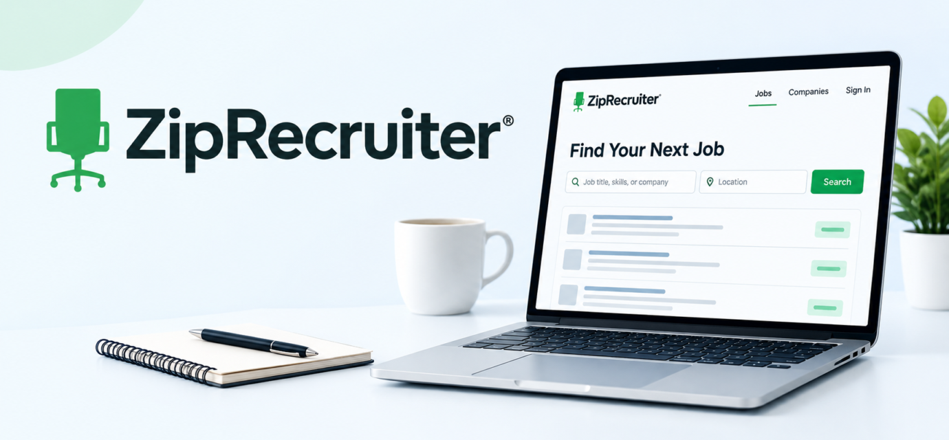 ZipRecruiter job search website displayed on a laptop with a job-search workspace