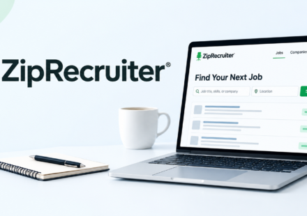 ZipRecruiter job search website displayed on a laptop with a job-search workspace