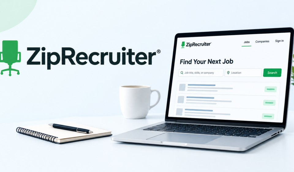 ZipRecruiter job search website displayed on a laptop with a job-search workspace
