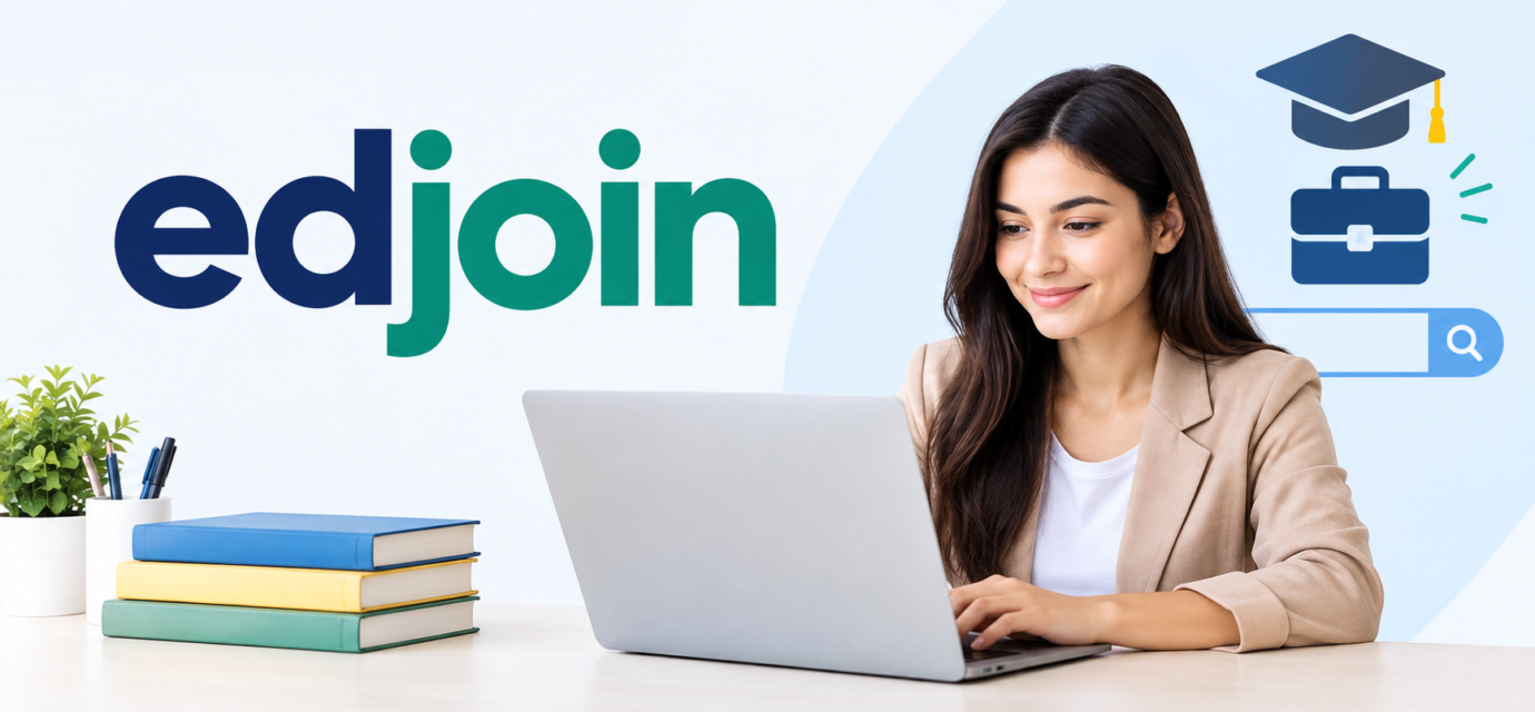 EdJoin education job search platform with a laptop, teaching icon, books, and graduation cap.