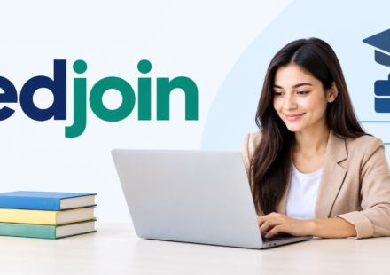 EdJoin education job search platform with a laptop, teaching icon, books, and graduation cap.