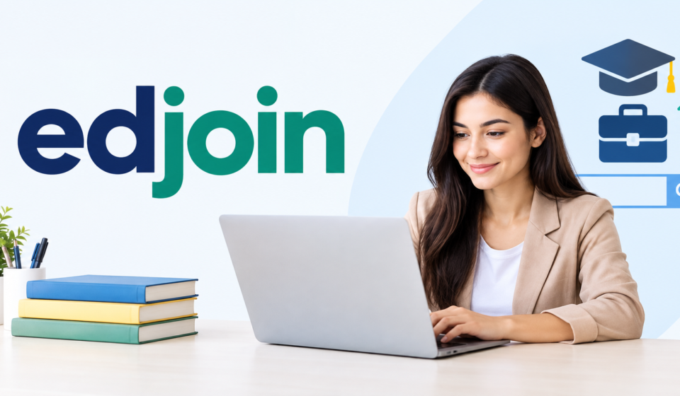 EdJoin education job search platform with a laptop, teaching icon, books, and graduation cap.