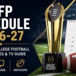 College Football Playoff 2026-27 schedule with football, trophy, and calendar