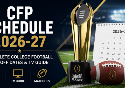 College Football Playoff 2026-27 schedule with football, trophy, and calendar