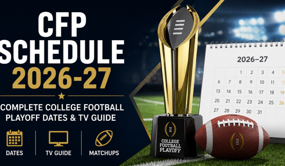 College Football Playoff 2026-27 schedule with football, trophy, and calendar