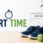 Sport time workout plan with running shoes, fitness mat, water bottle, and weekly schedule