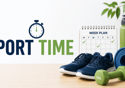 Sport time workout plan with running shoes, fitness mat, water bottle, and weekly schedule