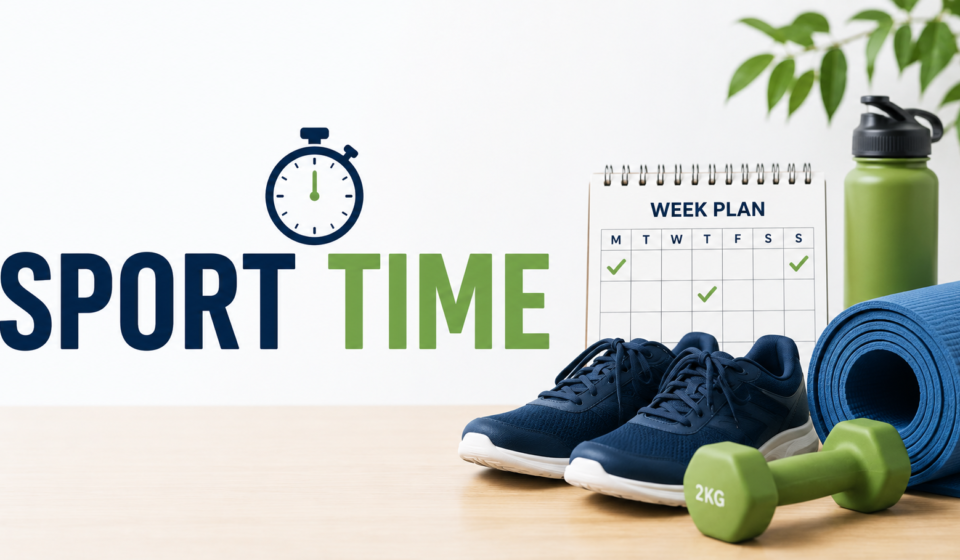Sport time workout plan with running shoes, fitness mat, water bottle, and weekly schedule