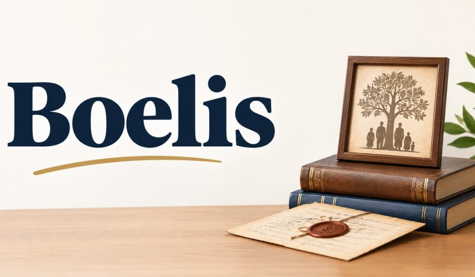 Vintage books, a family tree, and an old document representing the Boelis surname and its history.