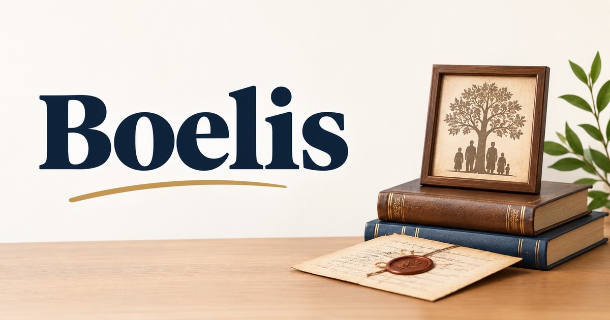 Vintage books, a family tree, and an old document representing the Boelis surname and its history.