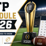College Football Playoff 2026 schedule with trophy, football, and calendar