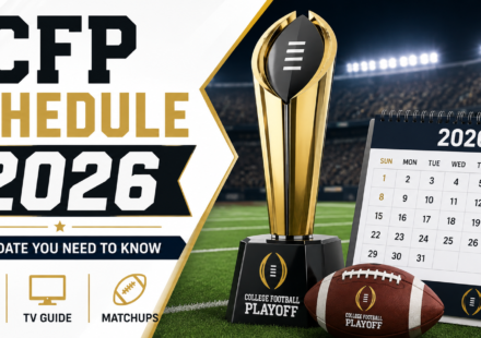 College Football Playoff 2026 schedule with trophy, football, and calendar