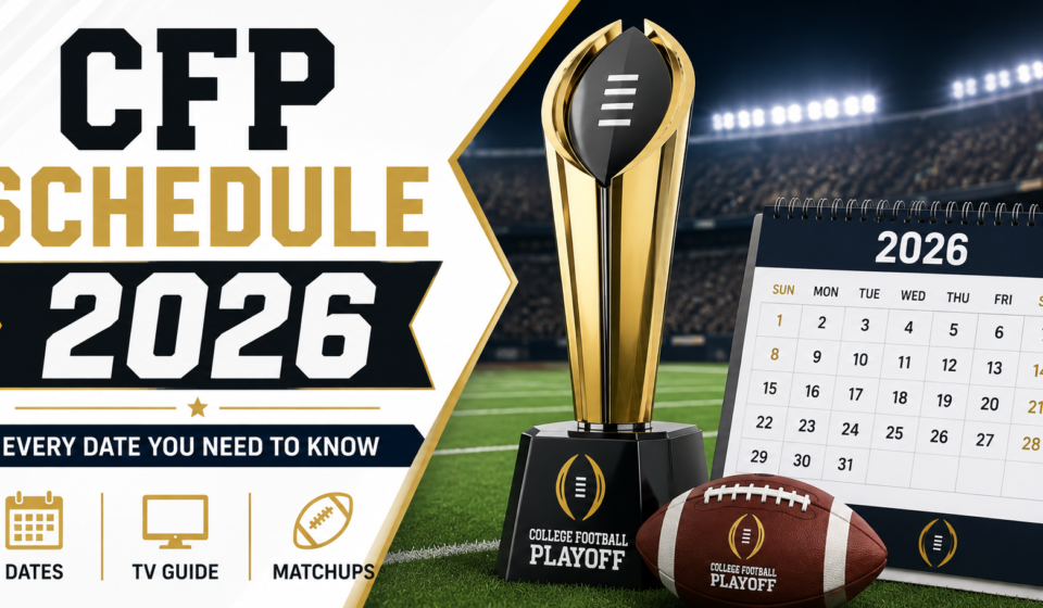 College Football Playoff 2026 schedule with trophy, football, and calendar