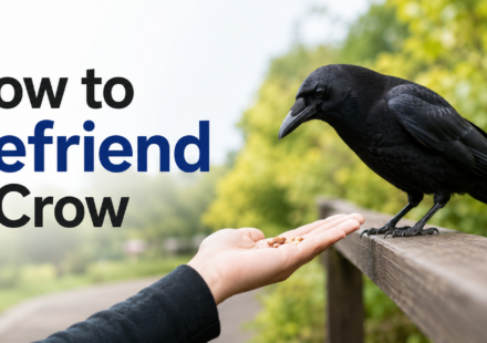 Crow approaching an open hand with food in a green outdoor setting