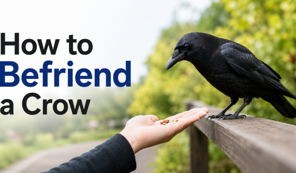 Crow approaching an open hand with food in a green outdoor setting