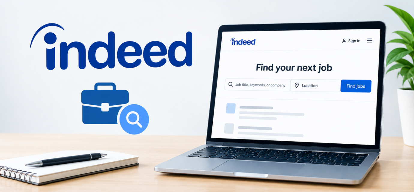 Indeed job search website was displayed on a laptop with a job search icon.