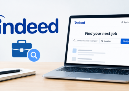 Indeed job search website was displayed on a laptop with a job search icon.