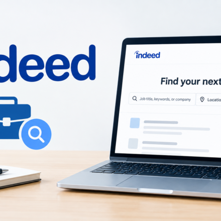 Indeed job search website was displayed on a laptop with a job search icon.