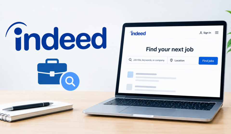 Indeed job search website was displayed on a laptop with a job search icon.