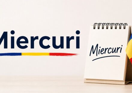 Clean educational graphic featuring the Romanian word “Miercuri” with a Romanian flag and calendar.