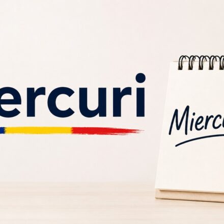 Clean educational graphic featuring the Romanian word “Miercuri” with a Romanian flag and calendar.