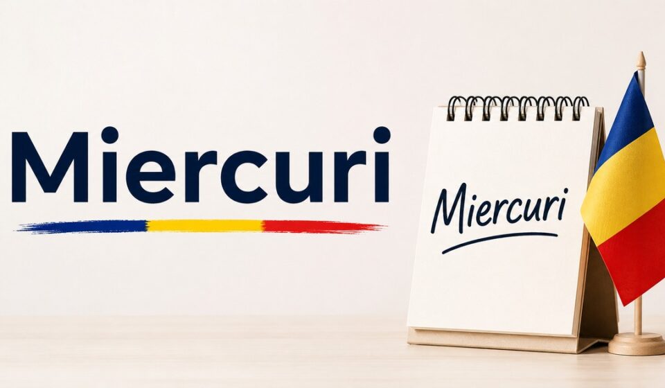 Clean educational graphic featuring the Romanian word “Miercuri” with a Romanian flag and calendar.