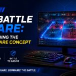 PlayBattleSquare battle square concept shown on a gaming monitor with a competitive video-game arena