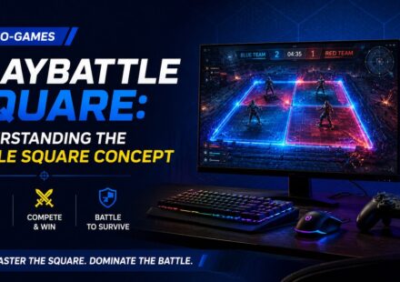 PlayBattleSquare battle square concept shown on a gaming monitor with a competitive video-game arena