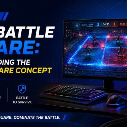 PlayBattleSquare battle square concept shown on a gaming monitor with a competitive video-game arena
