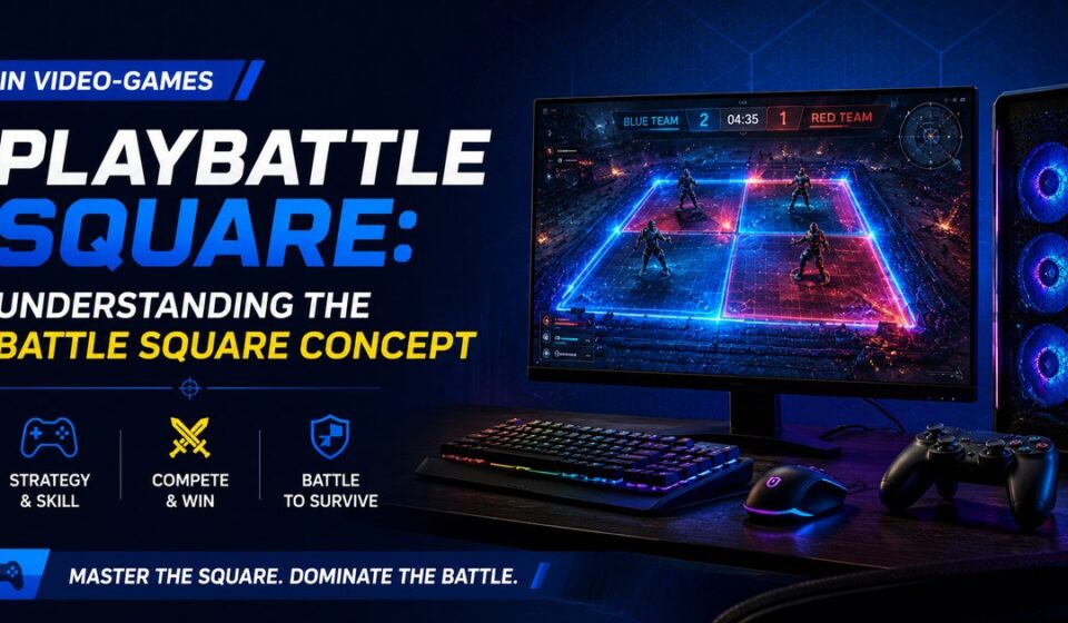 PlayBattleSquare battle square concept shown on a gaming monitor with a competitive video-game arena