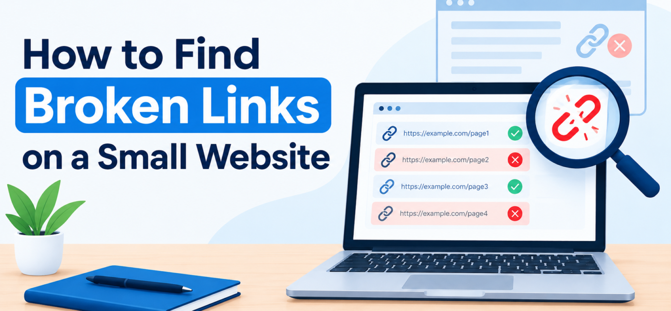 How to find broken links on a small website using a laptop and SEO link checker.