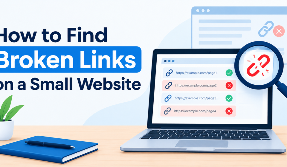 How to find broken links on a small website using a laptop and SEO link checker.