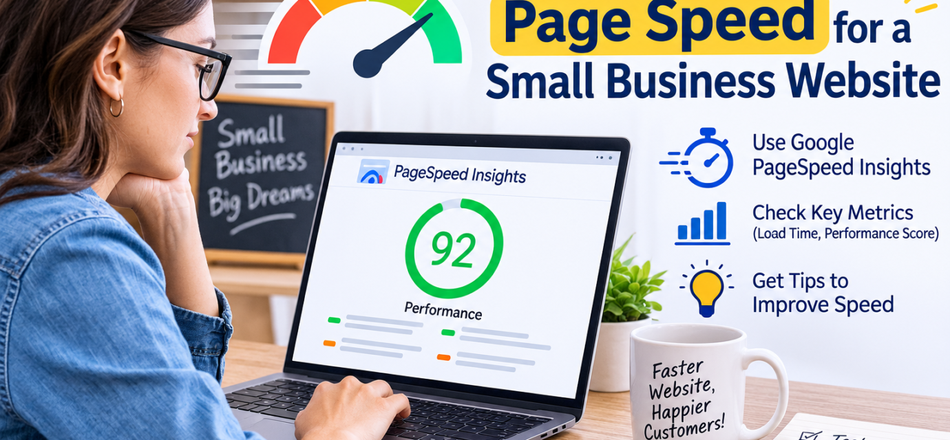 Laptop displaying a website page speed performance report for a small business website.