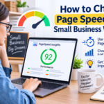 Laptop displaying a website page speed performance report for a small business website.