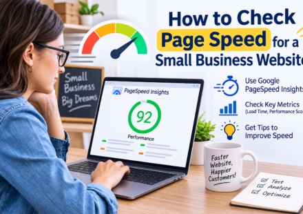 Laptop displaying a website page speed performance report for a small business website.